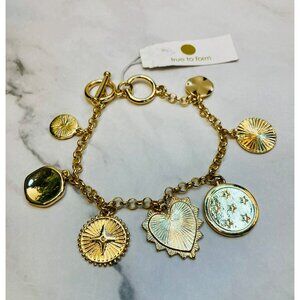 True to Form Gold Tone Charm Bracelet Sunburst & Heart Pendants -171
